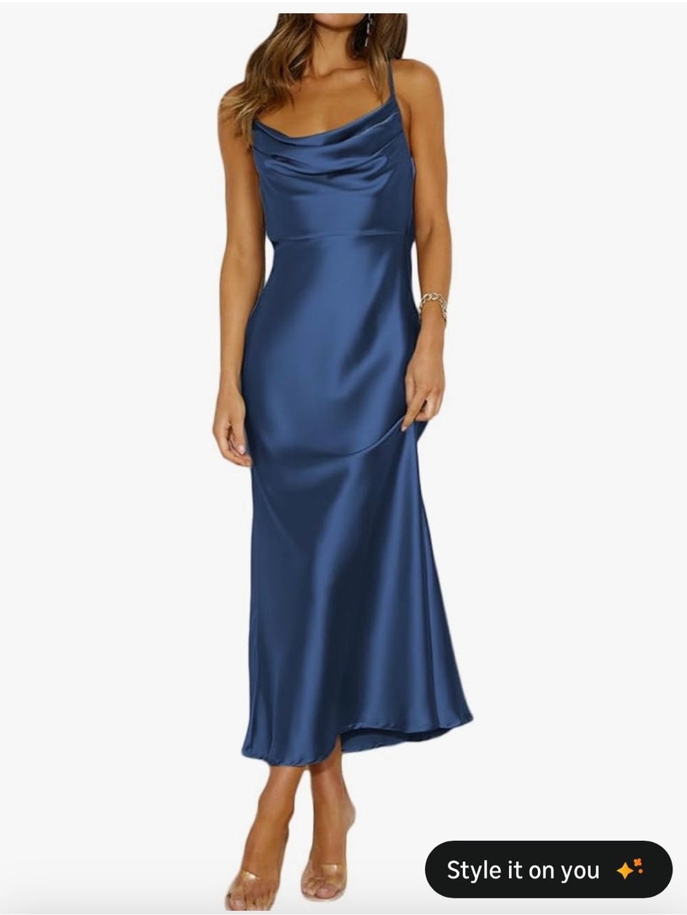 Cowl Neck Satin Slip Dress in Navy Blue - Women Intimates & Sleepwear